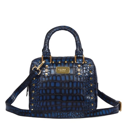 Golden Stud With Removable Shoulder Strap Blue Smokey Finish Croco Print Leather Ladies Handbag-Small