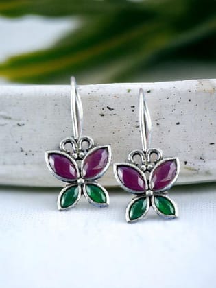 Oxidized Butterfly Style Stone Hook Earrings for Daily Wear | Sarichka-Red+Green