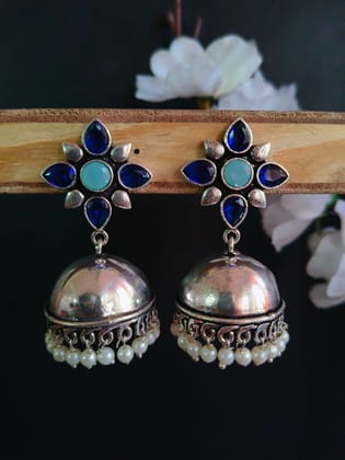 Trendy German Silver Pearl Jhumka Earrings for Elegant Style | Sarichka-Blue+Mintblue
