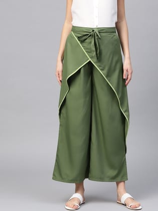 Women Olive Green Solid Layered Parallel Trousers