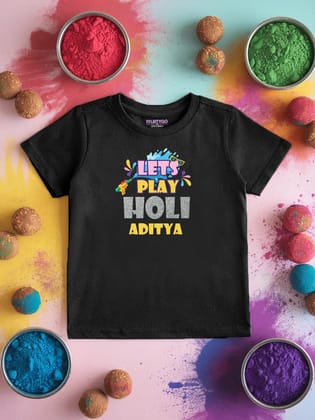 Let's Play Holi Kids T Shirt w/ Custom Name-Black / 1-2 Yrs