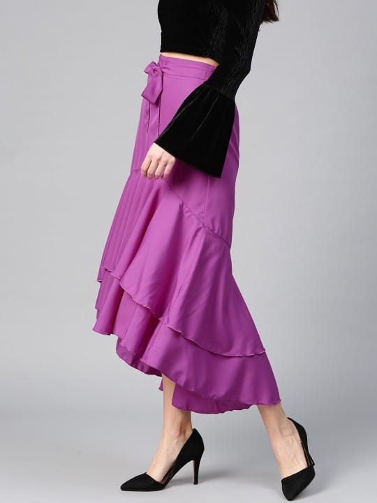 Women Purple Solid Peplum Knee-Length Skirt