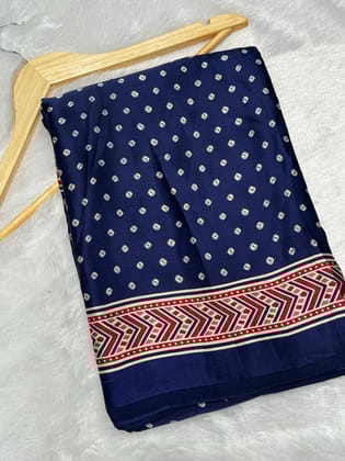Blue Bandhani With Ajrakh Printed Soft Modal Silk Natural Print Saree P3