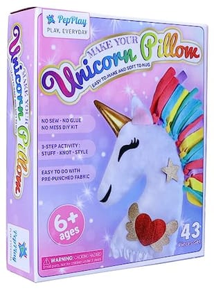         PepPlay White Unicorn DIY Decorative Pillow Kit for Girls & Boys, Soft Rainbow Strips and Glitter Stickers for 6+ Years | 3 Step DIY Creative Activity Kit (Stuff-Knot-Style) - 43 Pieces       