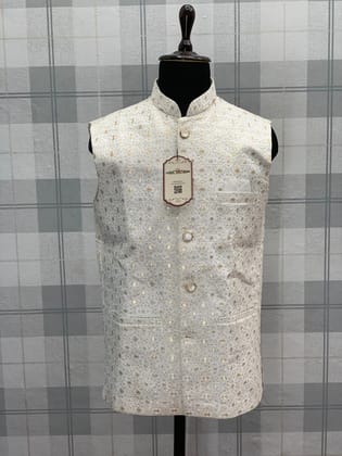 White With Small Gold Butti Modi Nehru Mens Jacket | Embroidered Silk Koti | Mens Waistcoat | Indian Wedding Wear Koti, Fast Delivery India (Size - 34) by Rang Bharat