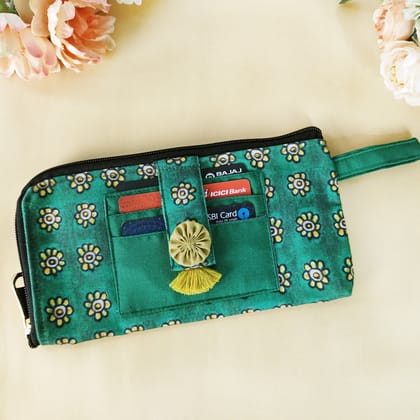 Long front card wallet- kalamkari Yellow flowers