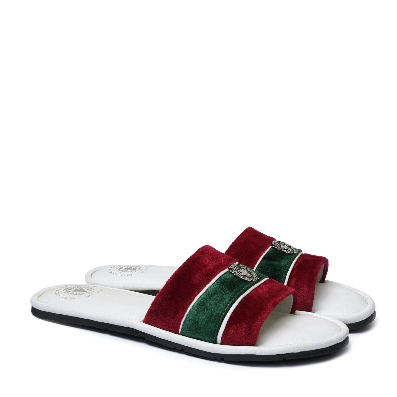 Women's Red & Green Velvet Strap White Leather Slide-in Slippers by BRUNE & BARESKIN-36/3