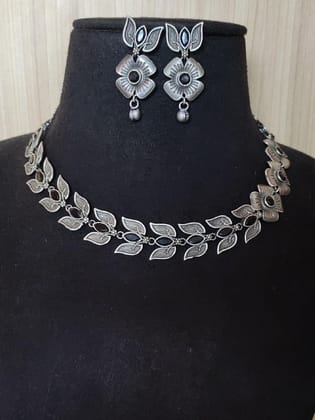 Oxidised Silver Floral Leaf Necklace Set with Dangler Earrings | Sarichka-Black