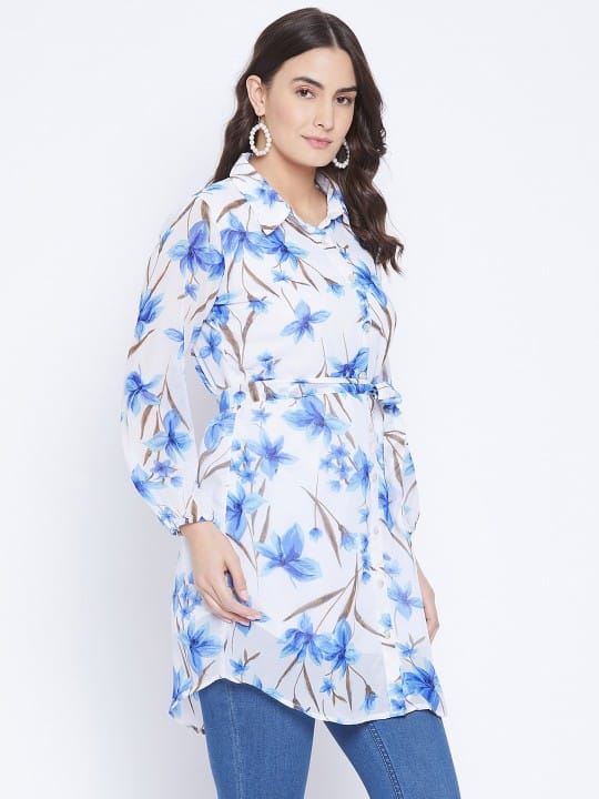 White & Pink Shirt Collar Printed Tunic