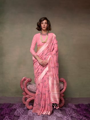 Peach Floral Jamdani Spun Cotton Handwoven Saree