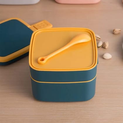 2868 Blue Double-Layer Portable Lunch Box Stackable With Carrying Handle And Spoon Lunch Box, Bento Lunch Box