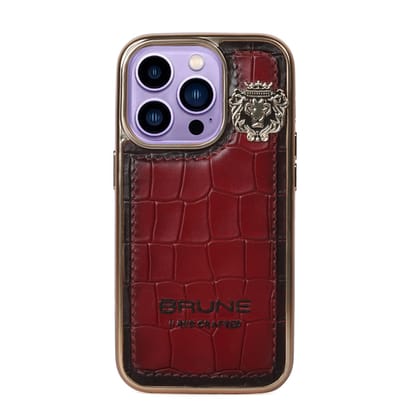 Wine Leather Mobile Cover with Golden Rim Croco Textured Metal Lion Logo by Brune & Bareskin-13Pro