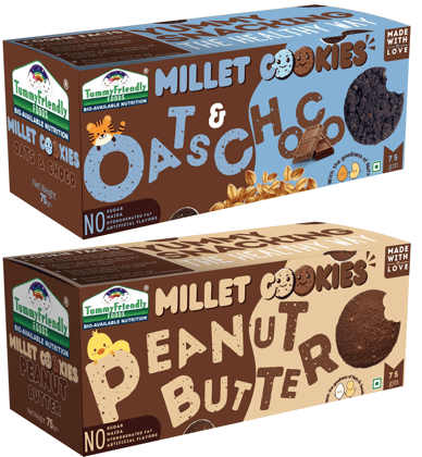 Tummy Friendly Foods Millet Cookies - OatsChocoPeanutButter - Pack of 2 - 75g each. Healthy Ragi Biscuits, snacks for Baby, Kids & Adults