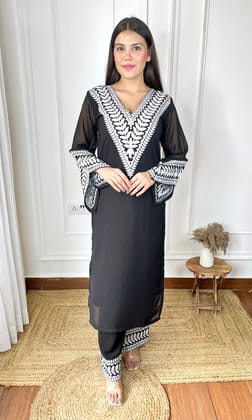 Embroidered Black Georgette Kurta-Pant & Dupatta Set-S