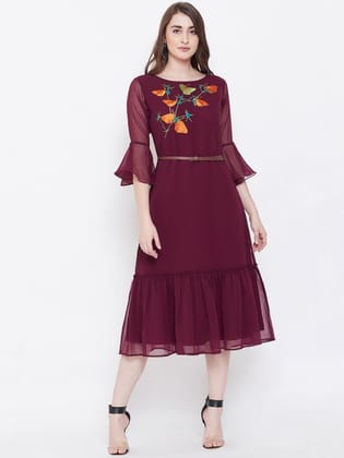 Women Purple Embroidered A-Line Dress