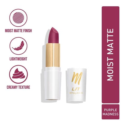 MyGlamm LIT Moist Matte Lipstick - Purple Madness (Magenta Purple Shade)| Long Lasting, Pigmented, Hydrating Lipstick with Moringa Oil and Vitamin E