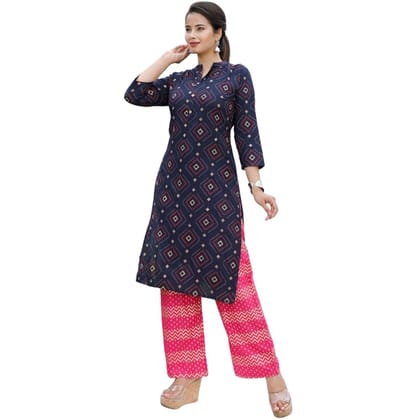 Blue And Pink Printed Kurti With Plazzo For Women-M / Blue-Pink