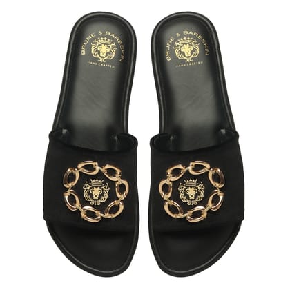 Women's Golden Chain & Lion Logo Black Velvet Slide-In-Slippers by Brune & Bareskin-36/3