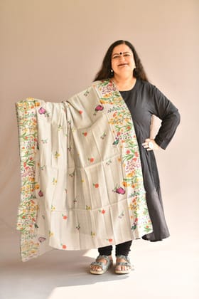 Silver Chanderi Silk Hand Painted Floral Designer Dupatta Shawl