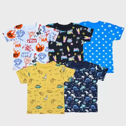 FAZZA  Boys Printed Pure Cotton T Shirt  (Multicolor, Pack of 5)-9-10