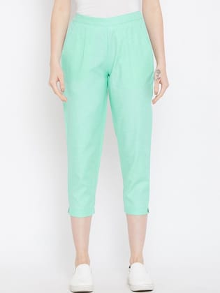Women Green Relaxed Regular Fit Self Design Cigarette Trousers