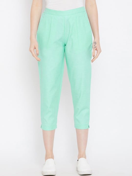Women Green Relaxed Regular Fit Self Design Cigarette Trousers