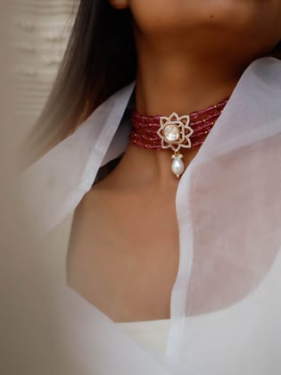 Adoka Pink Polki Choker Necklace-Green