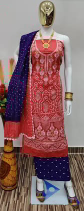 Cotton Lucknavi Sequence Thread Work Bandhani Dress-Unstitched / Red