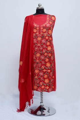 Red Colour Designer Work Embroidered Suit Enriched With Floral Heavy Jaal Pattern.-wool / Suit 4.5 meter Stole Length 80 Width 27 inch / Dry Clean only