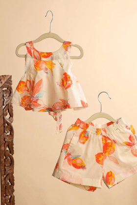 Orange Floral Printed Top with Back Belt and Shorts-0-6 months