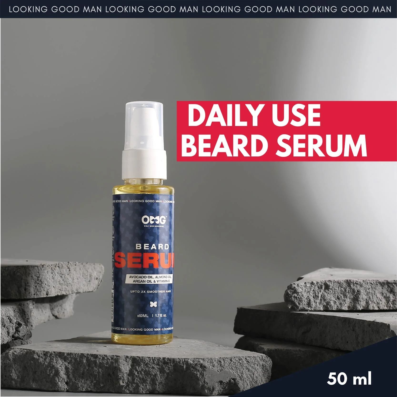 OMG Beard Serum 50ml | Upto 2x Smoother Hair | Enriched with Vitamin E | for Hair Growth | Reduces Dandruff | 100% Natural Ingredients
