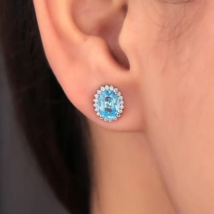 Ralmy Blue Aquamarine Silver Stud Earrings-White Gold
