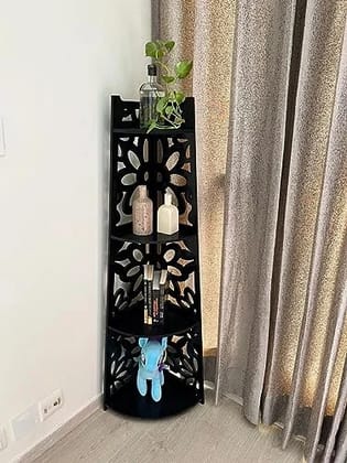 Rave Creations PVC Corner Wall Shelf 4-Tier Triangular Floor Mount Multipurpose Shelf Rack Display Decor Items Standing Rack, Storage Rack Black (Pack of 1)