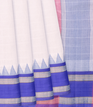 White Handloom Rasipuram Cotton Saree WIth Contrast Ganga Jamuna Silk Border-White-White