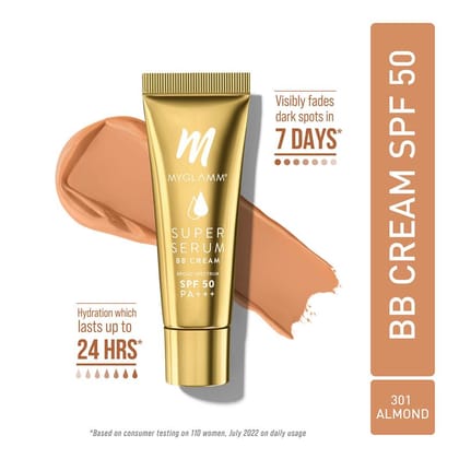 MyGlamm Super Serum BB Cream - 301 Almond | BB Cream With Hyaluronic Acid & SPF 50 PA+++ for UVA, UVB Protection & Natural Glow (30g)301 Almond