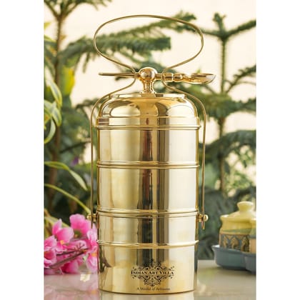 IndianArtVilla Brass Vintage Design Plain Tiffin with Tin Lining, Traditional Tiffin Box with Spoon, 3 Piece