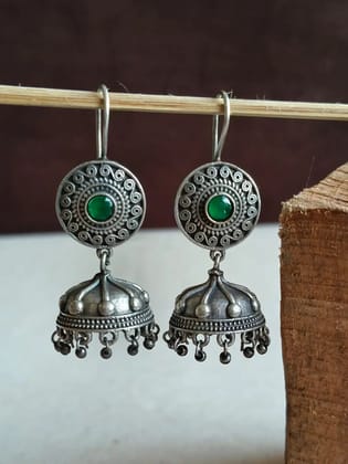 Elegant Oxidised Silver-Plated Jhumka Earrings with Ghungroo | Sarichka-Green
