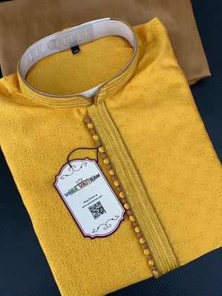 Yellow Men\'S Kurta Pajama Set In Cotton With Zari Floral Embroidery And Fancy Lacework, Haldi Mens Kurta Pajama Set India (Size - 40) by Rang Bharat