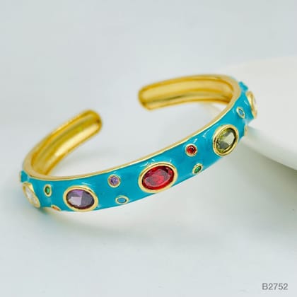 Copper Enamel Blue Gold Gemstone Crystal Bangle Kada Cuff For Women