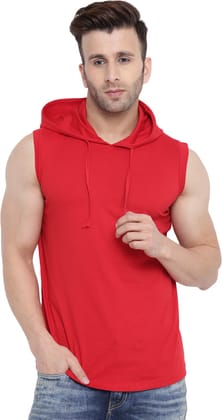 Gritstones Men's Red Sleeveless Hooded Tshirt