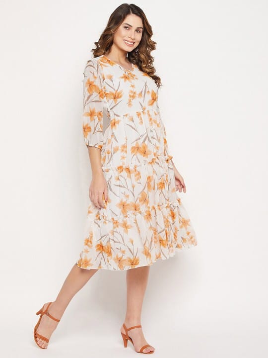 Self Design V Neck Tiered Fit And Flare Dress