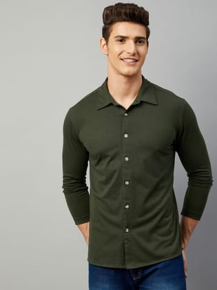 Gritstones Men Olive Color Full Sleeve Cotton Blend Plain Summer Shirts