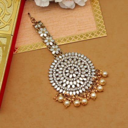 Gold Color Mirror Work Maang Tikka (MTK540GLD)-Length: 16.00 CM x Width: 6.00 CM / Gold / Alloy With Good Quality Gold Plated