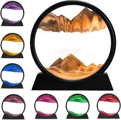 Moving Sand Painting Round Glass 3D Deep Sea Sand Landscape Moving Display Round Flowing Sand Painting Ornament Relax Desktop Home Office Work Decor (Color: Orange, Size: 9.8"/25x26cm)