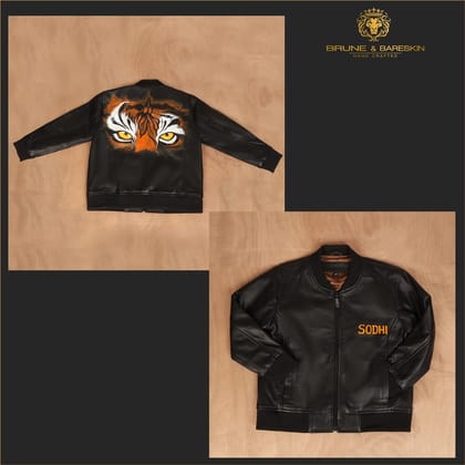 Hand Painted Initial Customized Rib Collar zipper Handmade Lion Logo Printed  Black Leather Kids Jacket By Brune & Bareskin-2-3Y