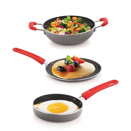 Echt Granite Mini Series Non Stick Combo of 3 (15.5cm Frying Pan,20cm Dosa Tawa and 16.5cm Kadai) Idle for Single Serving and Quick Snacks. Saute,Frying,dosa and rotis vegies and Omelettes,Grey