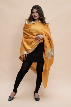 Yellow Mustard Colour Semi Pashmina Shawl Enriched With Ethnic Heavy Golden Tilla Embroidery With Running border-Semi pashmina / length 80 inch Width 40 inch / Dry Clean only