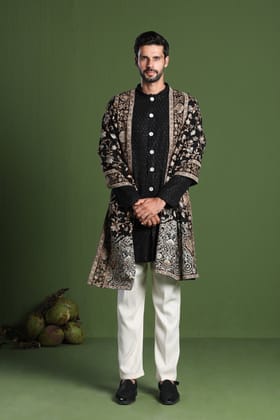 Rajas Black front open kurta Set with Heavy Embroidered Dupatta-XS/34