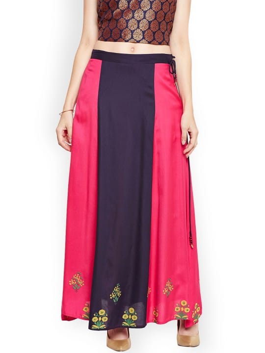 Women Navy Blue & Pink Block Print A-Line Skirt