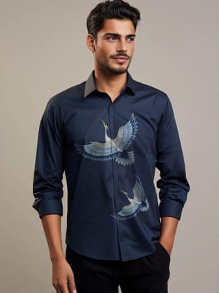 Navy Printed Casual Shirt-NAVY / S
